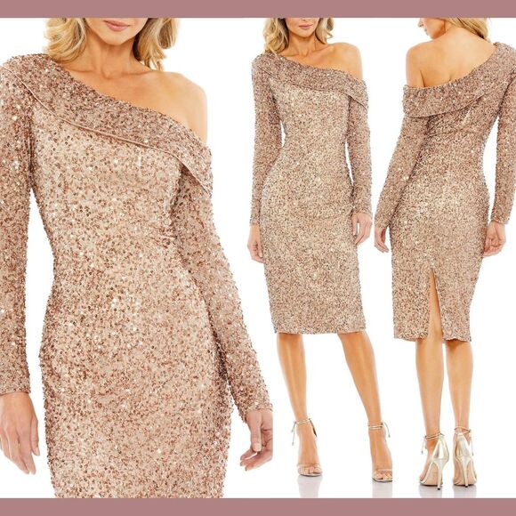 NWT$398 Mac Duggal [ 4 ] Long Sleeve Sequin Off Shoulder Midi Dress Copper G1922